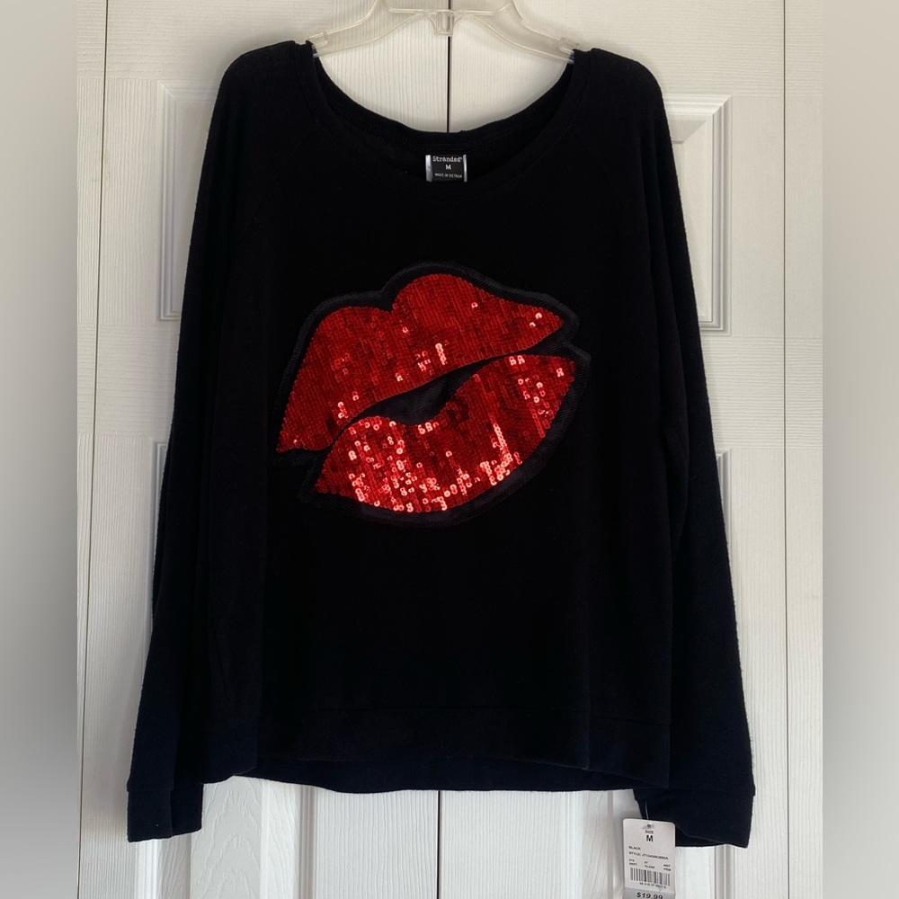 Women's Stranded Sweater Black Long Sleeve Lightweight Sequins Red Lips Sz Med